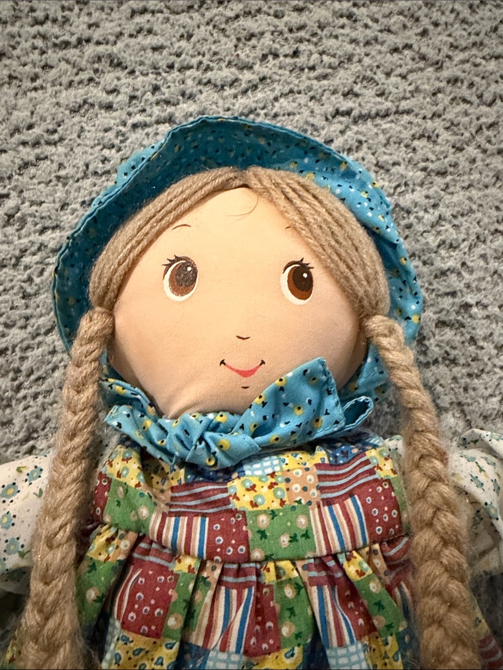 Blue Patchwork Rag Doll with Braided Hair - Charming Plush Toy - Picture 6 of 12